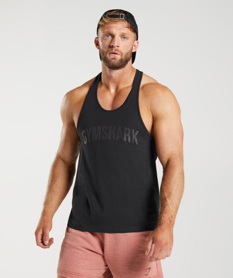 Men\'s Gymshark Power Stringer Tanks Black | NZ 8BUZGD